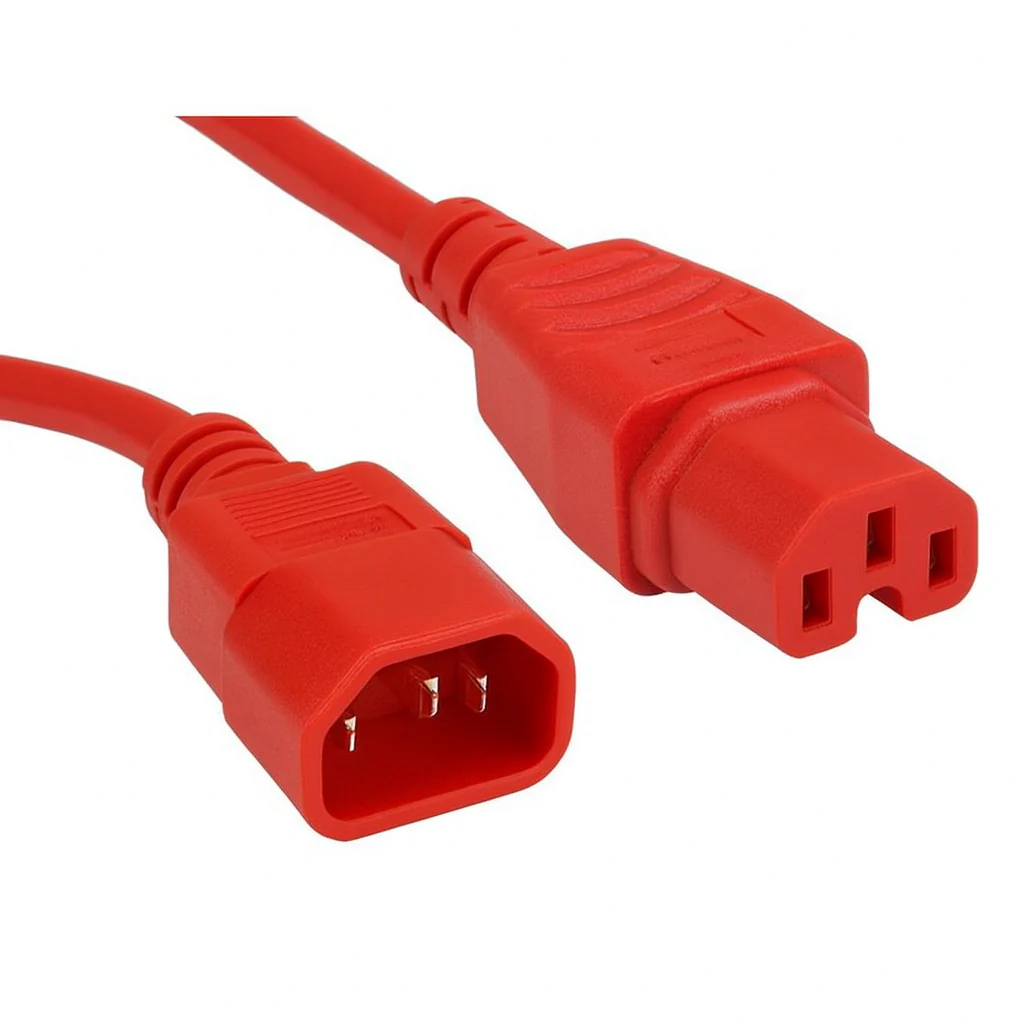 Blue Cable Co IEC C14 to C15 high-temperature power cable in black, red, and blue for data centre and rack power distribution