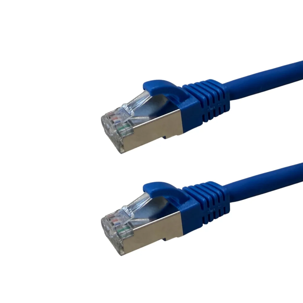 Blue and White Blue Cable Co CAT6A S/FTP shielded slim patch cables showing the 50-micro gold-plated RJ45 connectors and LSZH jacket.