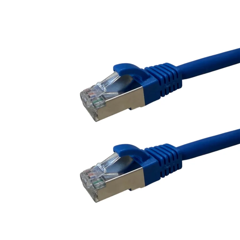 Blue and White Blue Cable Co CAT6A S/FTP shielded slim patch cables showing the 50-micro gold-plated RJ45 connectors and LSZH jacket.