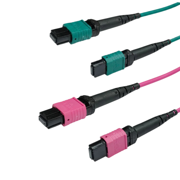 Blue Cable Co OM4 MPO fibre optic cable 12 core Polarity B in aqua and magenta LSZH jacket